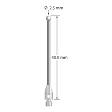 M3 stylus with 2.5 mm diameter zirconia ball, 1.5 mm diameter carbide shaft, and 4.0 mm diameter x 7.0 mm long stainless steel base. Overall stylus length is 40.0 mm. Stylus weight is 1.46 grams.
