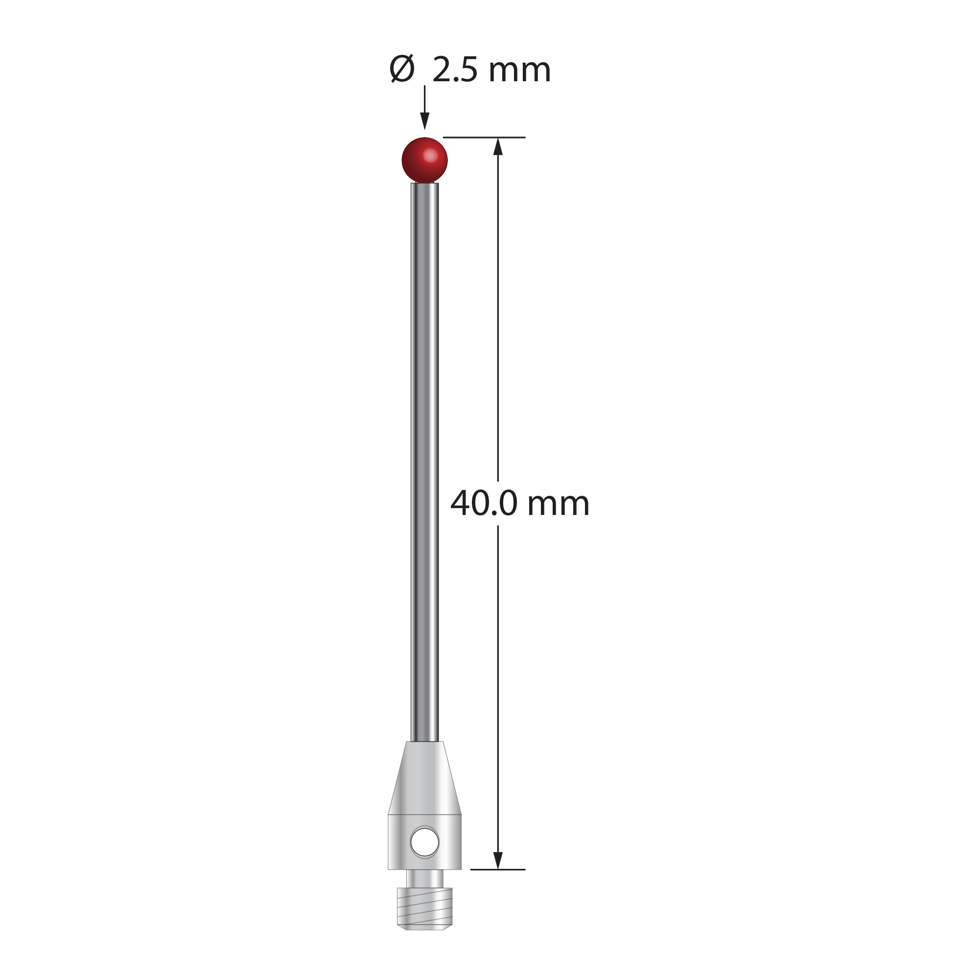 M3 stylus with 2.5 mm diameter ruby ball, 1.5 mm diameter carbide shaft, and 4.0 mm diameter x 7.0 mm long stainless steel base. Overall stylus length is 40.0 mm. Stylus weight is 1.46 grams.