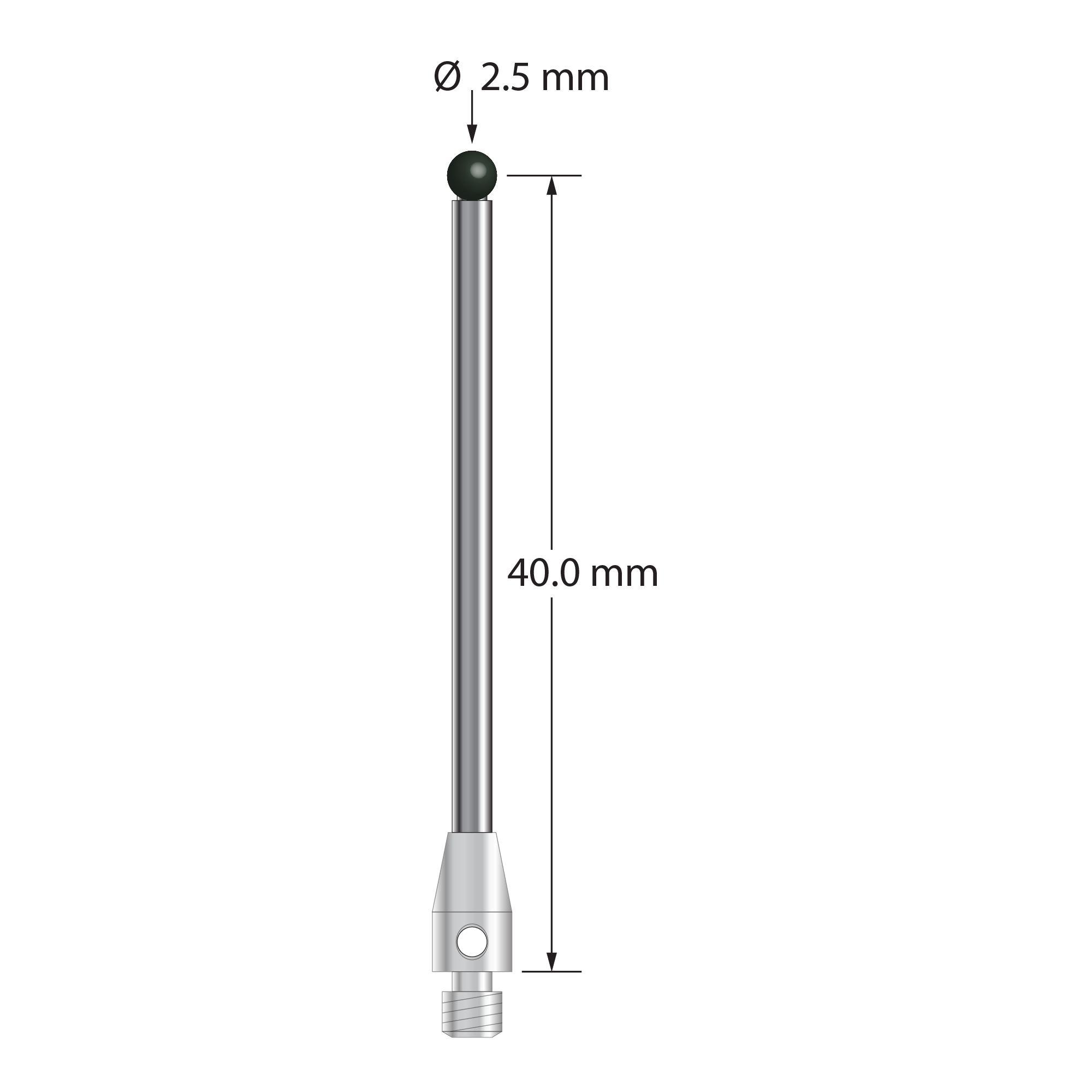 M3 stylus with 2.5 mm diameter silicon nitride ball, 2.0 mm diameter carbide stem, and 4.0 mm diameter x 7.0 mm long stainless steel base. Stylus length to ball center is 40.0 mm. Stylus weight is 2.21 grams.