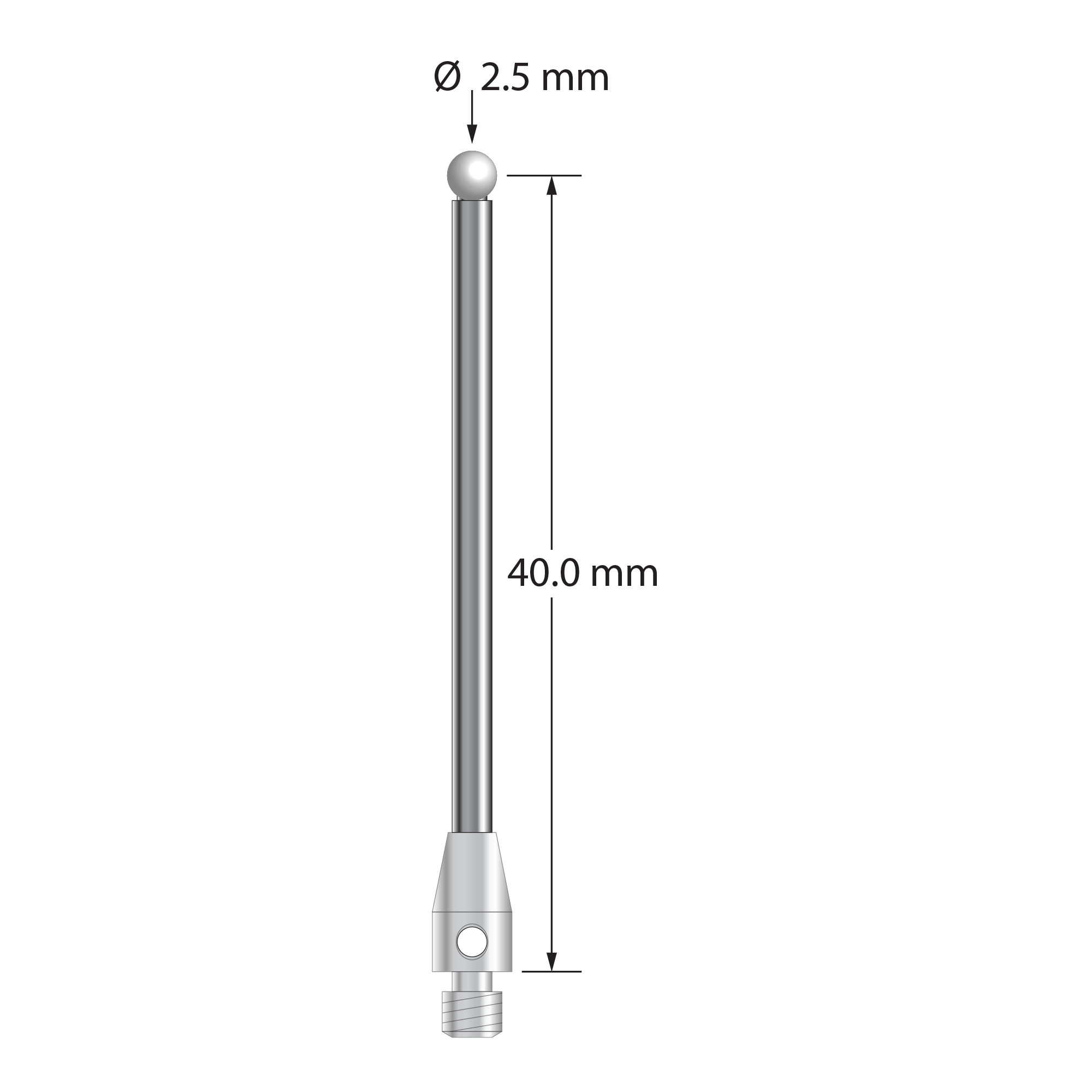 M3 stylus with 2.5 mm diameter zirconia ball, 2.0 mm diameter carbide stem, and 4.0 mm diameter x 7.0 mm long stainless steel base. Stylus length to ball center is 40.0 mm. Stylus weight is 2.21 grams.