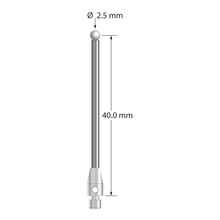 M3 stylus with 2.5 mm diameter zirconia ball, 2.0 mm diameter carbide stem, and 4.0 mm diameter x 7.0 mm long stainless steel base. Stylus length to ball center is 40.0 mm. Stylus weight is 2.21 grams.