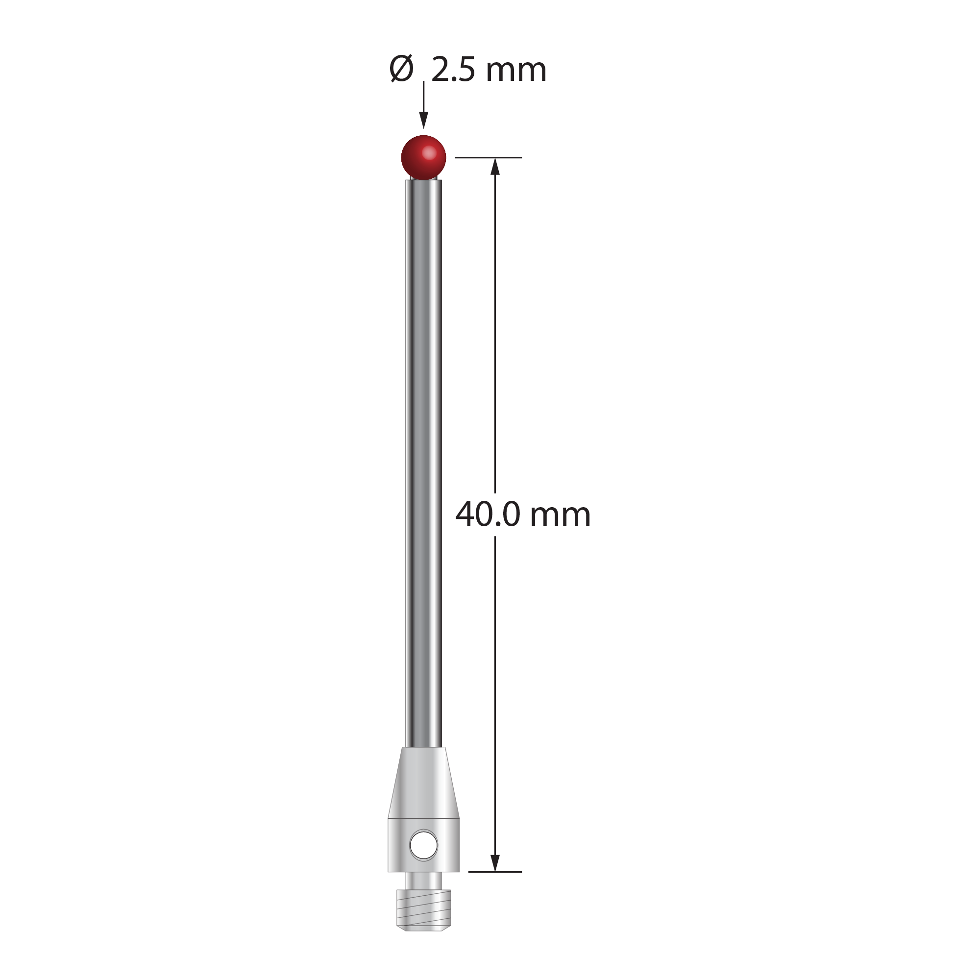 M3 stylus with 2.5 mm diameter ruby ball, 2.0 mm diameter carbide stem, and 4.0 mm diameter x 7.0 mm long stainless steel base. Stylus length to ball center is 40.0 mm. Stylus weight is 2.21 grams. Compare to Renishaw A-5003-0056 and Mitutoyo K651128.