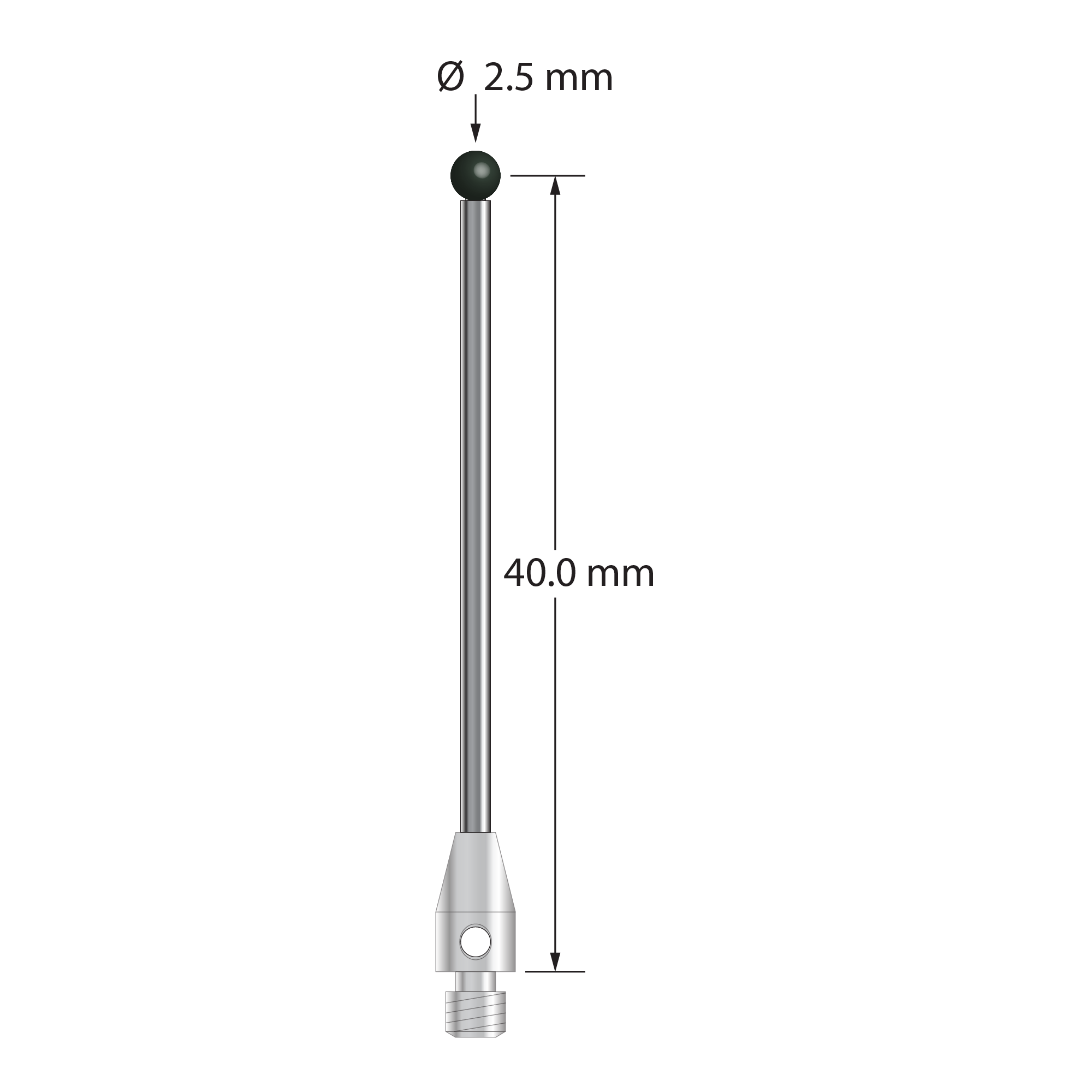 M3 stylus with 2.5 mm diameter silicon nitride ball, 1.5 mm diameter carbide stem, and 4.0 mm diameter x 7.0 mm long stainless steel base. Stylus length to ball center is 40.0 mm. Stylus weight is 1.53 grams.