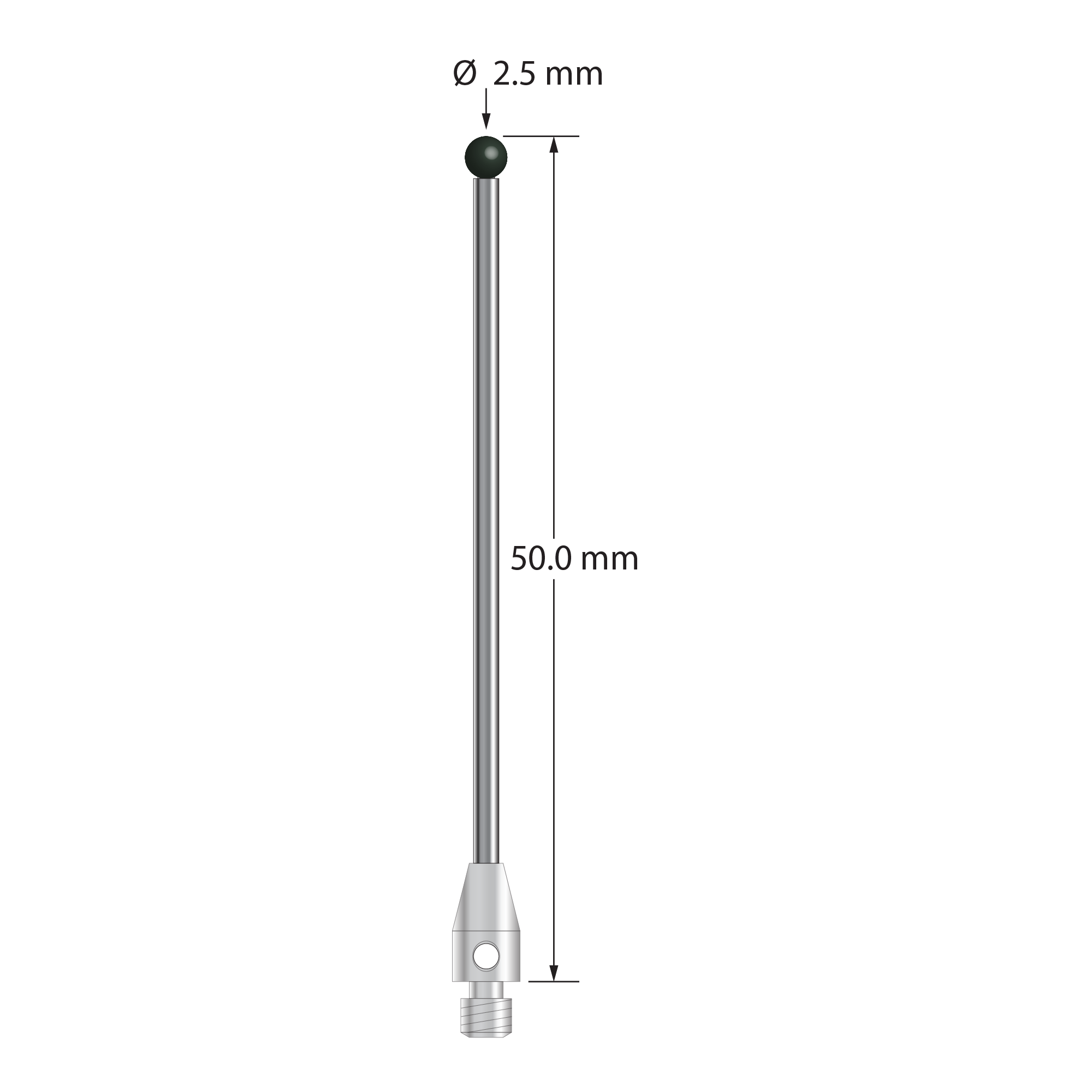 M3 stylus with 2.5 mm diameter silicon nitride ball, 1.5 mm diameter carbide stem, and 4.0 mm diameter x 7.0 mm long stainless steel base. Overall stylus length is 50.0 mm. Stylus weight is 1.73 grams.