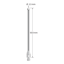 M3 stylus with 2.5 mm diameter zirconia ball, 1.5 mm diameter carbide stem, and 4.0 mm diameter x 7.0 mm long stainless steel base. Overall stylus length is 50.0 mm. Stylus weight is 1.73 grams.