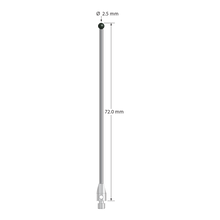 M3 stylus with 2.5 mm diameter silicon nitride ball, 1.5 mm diameter carbide stem, and 4.0 mm diameter x 7.0 mm long stainless steel base. Overall stylus length is 72.0 mm. Stylus weight is 2.32 grams.