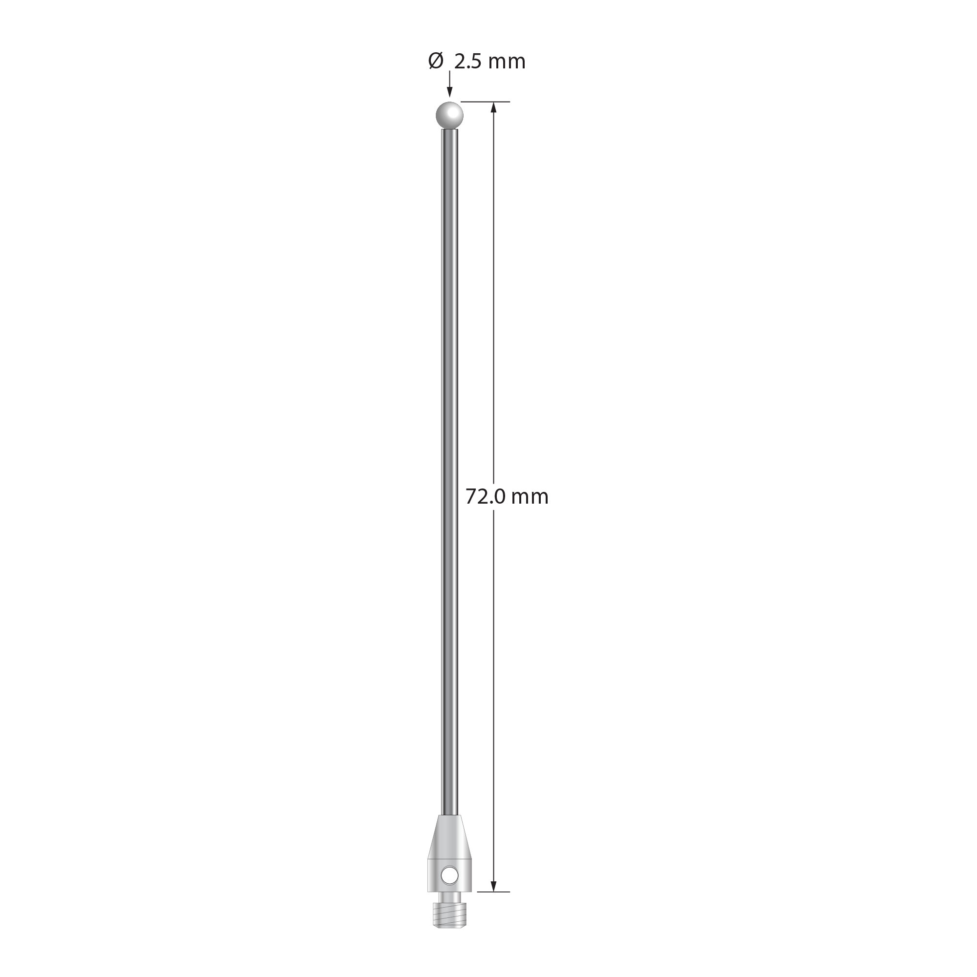 M3 stylus with 2.5 mm diameter zirconia ball, 1.5 mm diameter carbide stem, and 4.0 mm diameter x 7.0 mm long stainless steel base. Overall stylus length is 72.0 mm. Stylus weight is 2.32 grams.