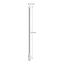 M3 stylus with 2.5 mm diameter zirconia ball, 1.5 mm diameter carbide stem, and 4.0 mm diameter x 7.0 mm long stainless steel base. Overall stylus length is 72.0 mm. Stylus weight is 2.32 grams.
