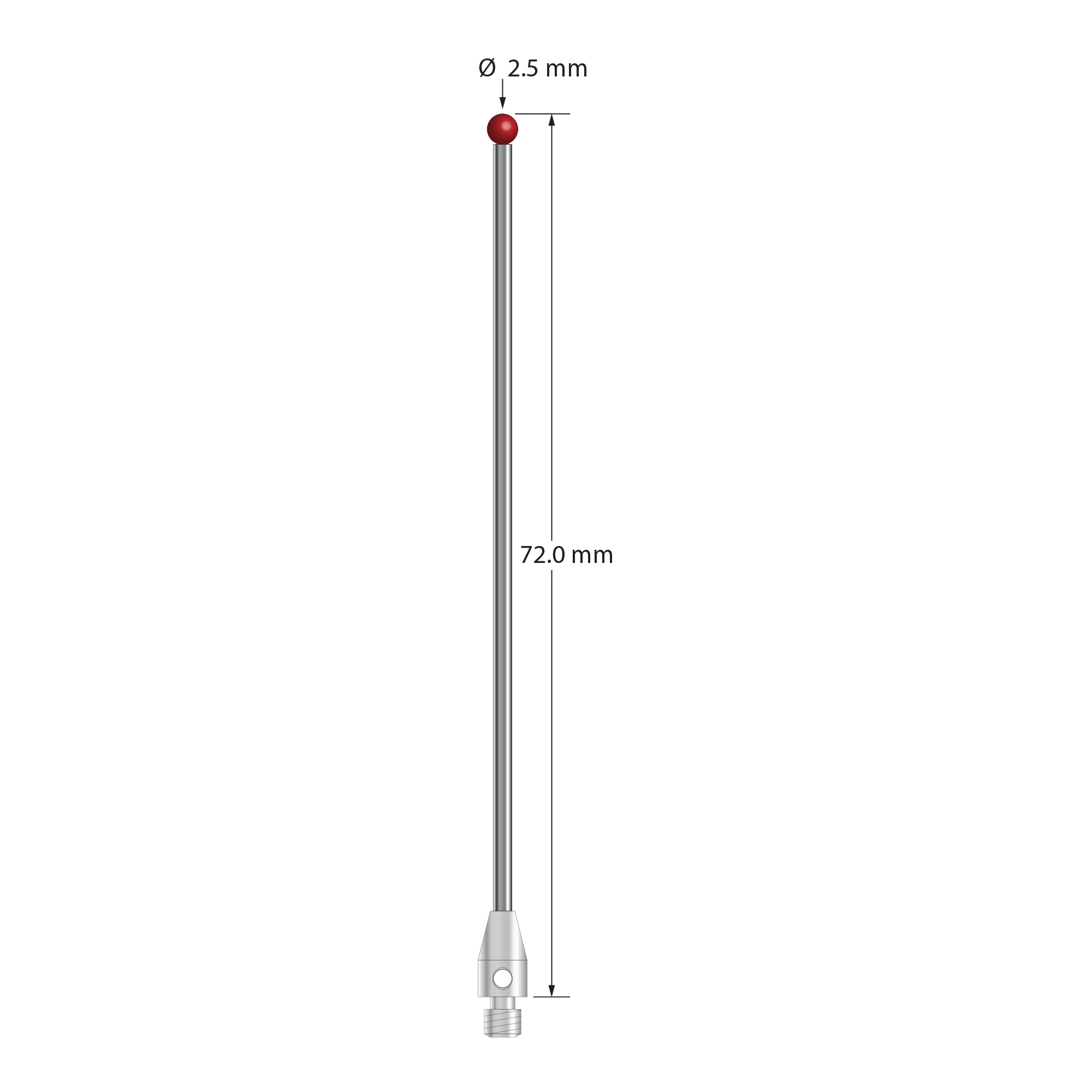 M3 stylus with 2.5 mm diameter ruby ball, 1.5 mm diameter carbide stem, and 4.0 mm diameter x 7.0 mm long stainless steel base. Overall stylus length is 72.0 mm. Stylus weight is 2.32 grams.