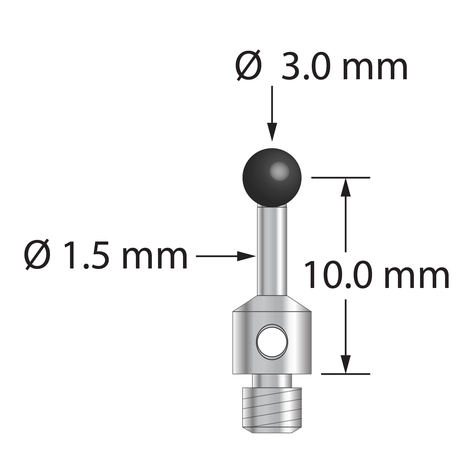 TM3-3010-S-SN M3 stylus with 3.0mm silicon nitride ball and stainless steel stem, 10.0mm length.