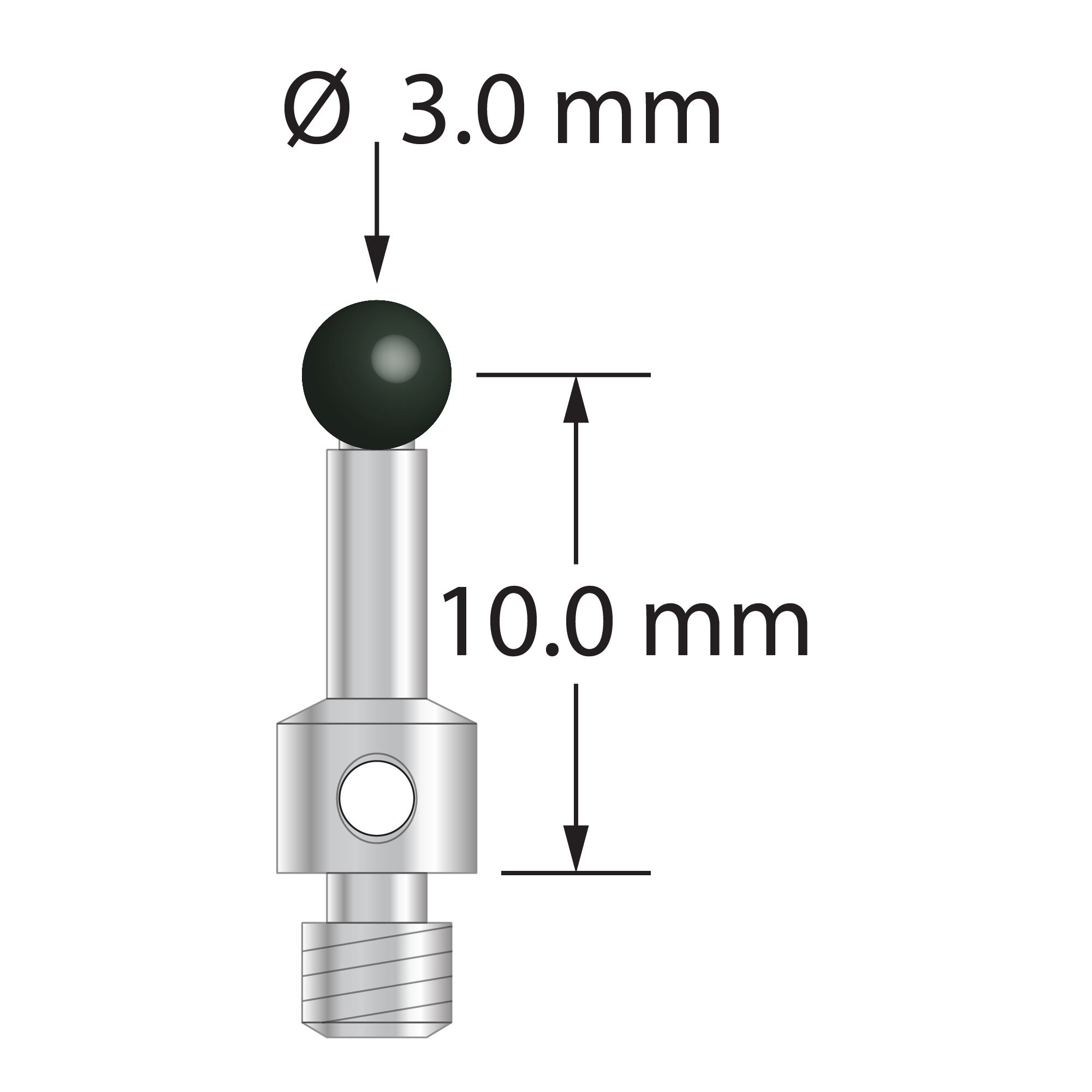 M3 stylus for ROMER arm CMM with 3.0 mm silicon nitride ball and stainless steel stem. Stylus length to ball center is 10.0 mm. Stylus weight is 0.98 gram.