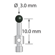 M3 stylus for ROMER arm CMM with 3.0 mm silicon nitride ball and stainless steel stem. Stylus length to ball center is 10.0 mm. Stylus weight is 0.98 gram.