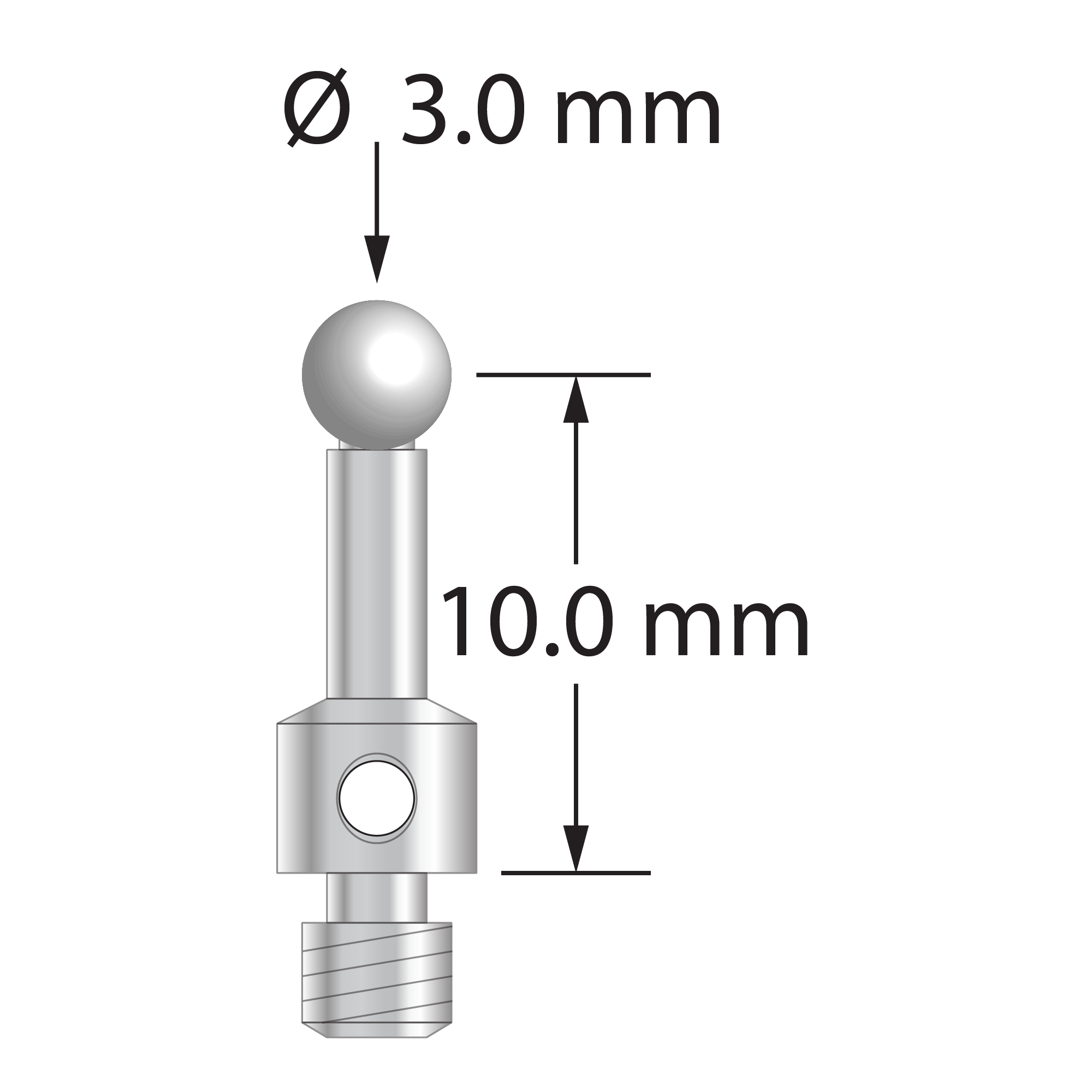 M3 stylus for ROMER arm CMM with 3.0 mm zirconia ball, 2.0 mm diameter stainless steel stem, and 4.0 mm diameter x 3.0 mm long stainless steel base. Stylus length to ball center is 10.0 mm. Stylus weight is 0.98 gram.