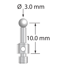 M3 stylus for ROMER arm CMM with 3.0 mm zirconia ball, 2.0 mm diameter stainless steel stem, and 4.0 mm diameter x 3.0 mm long stainless steel base. Stylus length to ball center is 10.0 mm. Stylus weight is 0.98 gram.