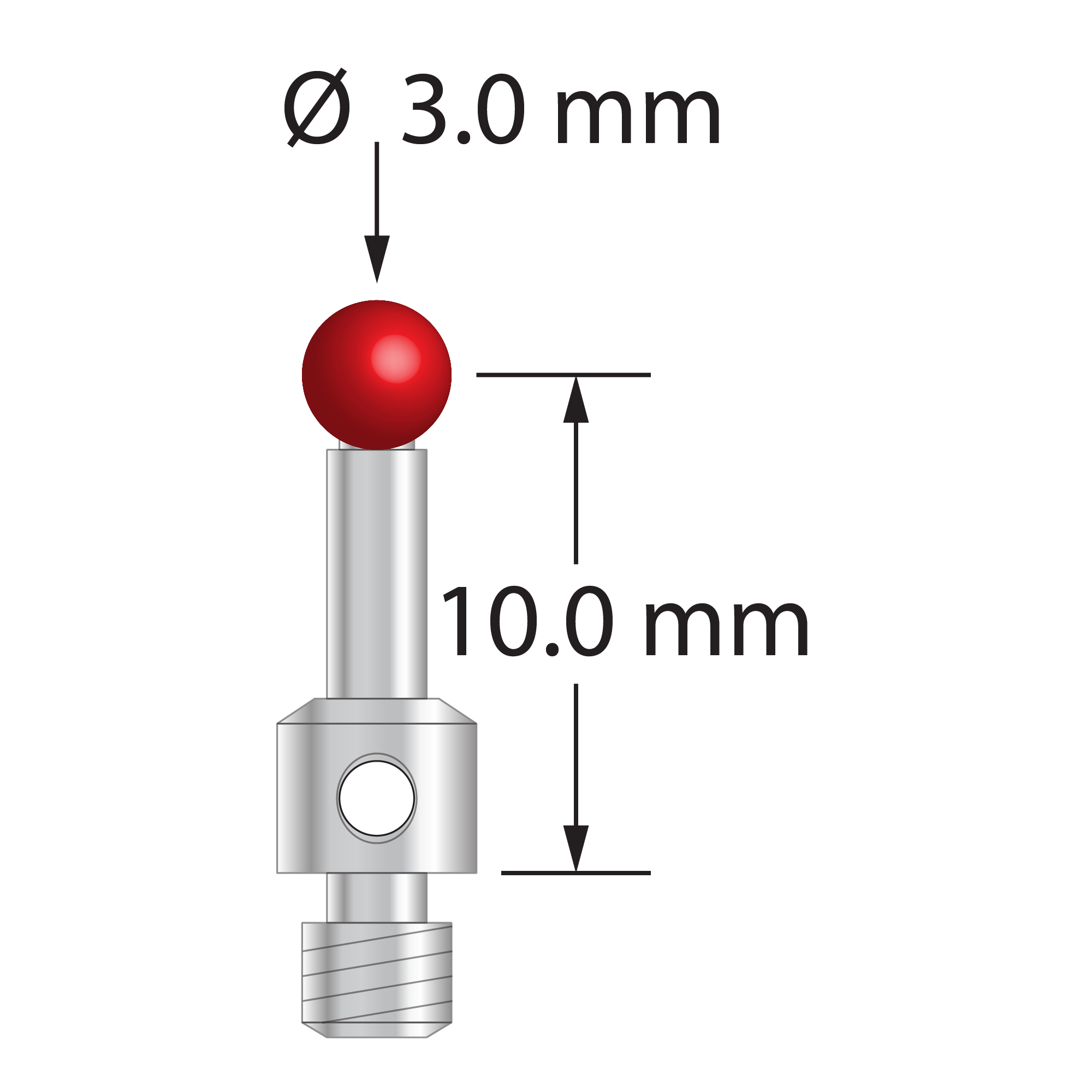 M3 stylus for ROMER arm CMM with 3.0 mm diameter ruby ball, 1.5 mm diameter stainless steel stem, and 4.0 mm diameter x 3.0 mm long stainless steel base. Stylus length to ball center is 10.0 mm. Stylus weight is 0.98 gram. Compare to Hexagon 03969324 and Renishaw A-5004-0422.