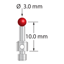 M3 stylus for ROMER arm CMM with 3.0 mm diameter ruby ball, 1.5 mm diameter stainless steel stem, and 4.0 mm diameter x 3.0 mm long stainless steel base. Stylus length to ball center is 10.0 mm. Stylus weight is 0.98 gram. Compare to Hexagon 03969324 and Renishaw A-5004-0422.