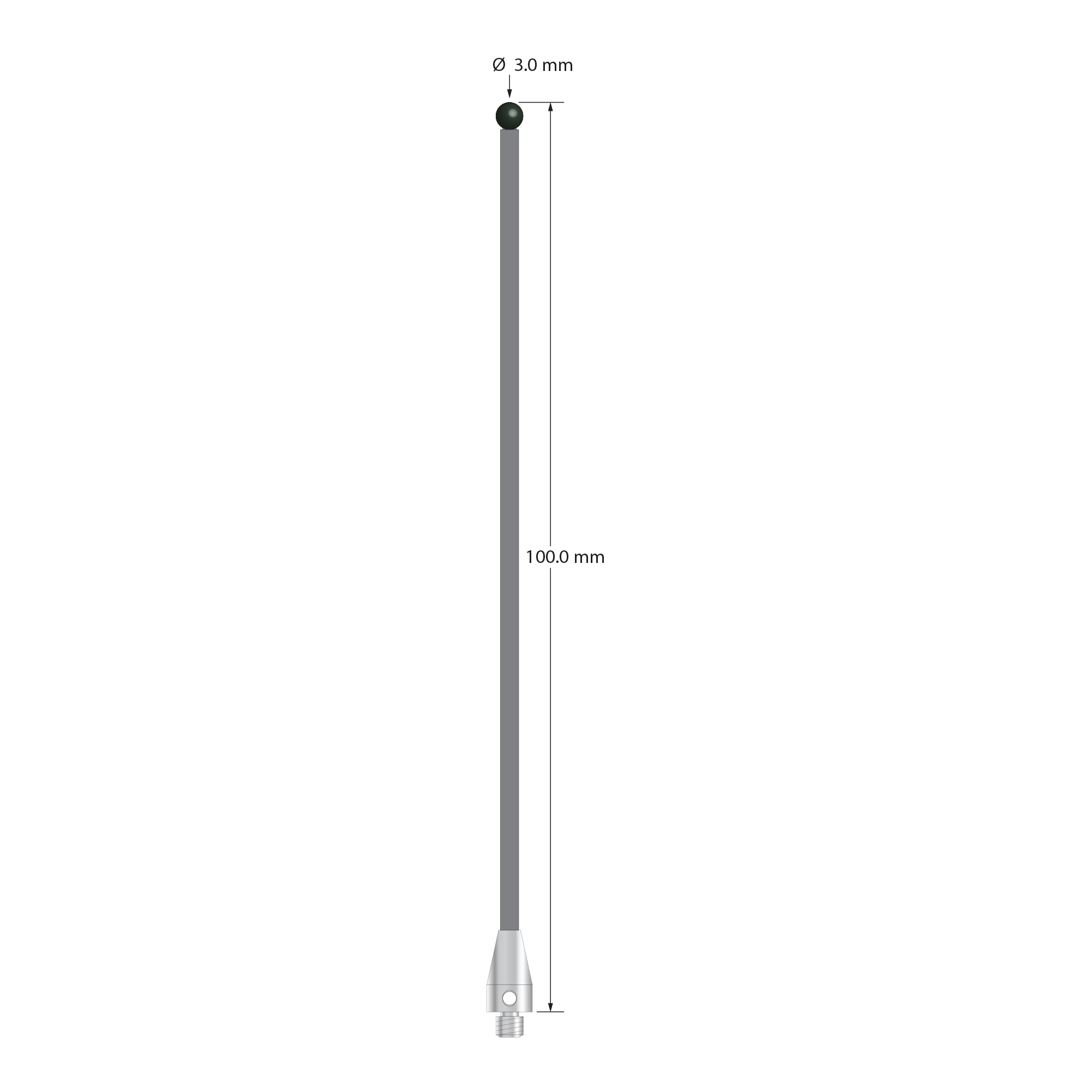 M3 XXT stylus with 3.0 mm diameter silicon nitride ball, 2.0 mm diameter carbon fiber stem, and 5.0 mm diameter x 9.0 mm long titanium base. Overall stylus length is 100.0 mm. Stylus weight is 0.92 gram. Compare to Zeiss 626103-0301-100.