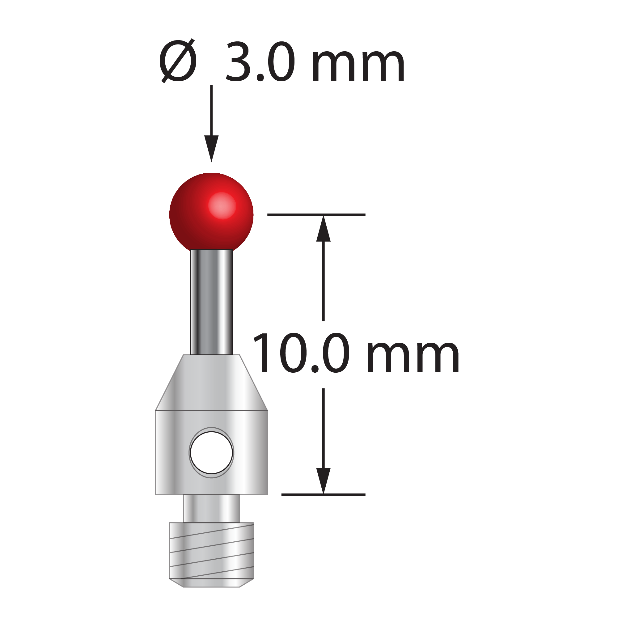 M3 stylus with 3.0 mm diameter ruby ball, 1.5 mm diameter carbide stem, and 4.0 mm diameter x 5.0 mm long stainless steel base. Stylus length to ball center is 10.0 mm. Stylus weight is 0.77 gram.