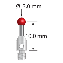 M3 stylus with 3.0 mm diameter ruby ball, 1.5 mm diameter carbide stem, and 4.0 mm diameter x 5.0 mm long stainless steel base. Stylus length to ball center is 10.0 mm. Stylus weight is 0.77 gram.