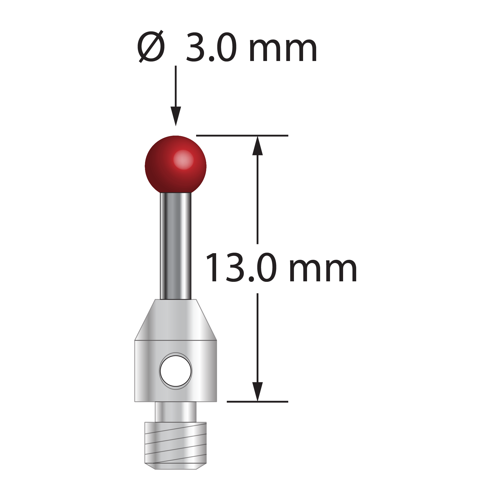 M3 stylus with 3.0 mm diameter ruby ball, 1.5 mm diameter carbide stem, and 4.0 mm diameter x 5.0 mm long stainless steel base. Overall stylus length is 13.0 mm. Stylus weight is 0.80 gram. Compare to Zeiss 626123-0354-013.
