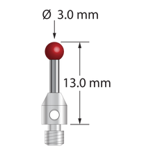 M3 stylus with 3.0 mm diameter ruby ball, 1.5 mm diameter carbide stem, and 4.0 mm diameter x 5.0 mm long stainless steel base. Overall stylus length is 13.0 mm. Stylus weight is 0.80 gram. Compare to Zeiss 626123-0354-013.