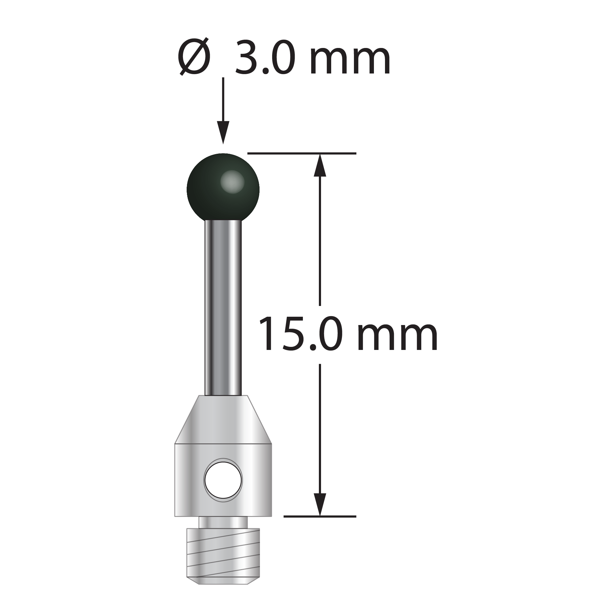 M3 stylus with 3.0 mm diameter silicon nitride ball, 1.5 mm diameter carbide stem, and 4.0 mm diameter x 5.0 mm long stainless steel base. Overall stylus length is 15.0 mm. Stylus weight is 0.85 gram.