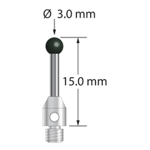 M3 stylus with 3.0 mm diameter silicon nitride ball, 1.5 mm diameter carbide stem, and 4.0 mm diameter x 5.0 mm long stainless steel base. Overall stylus length is 15.0 mm. Stylus weight is 0.85 gram.