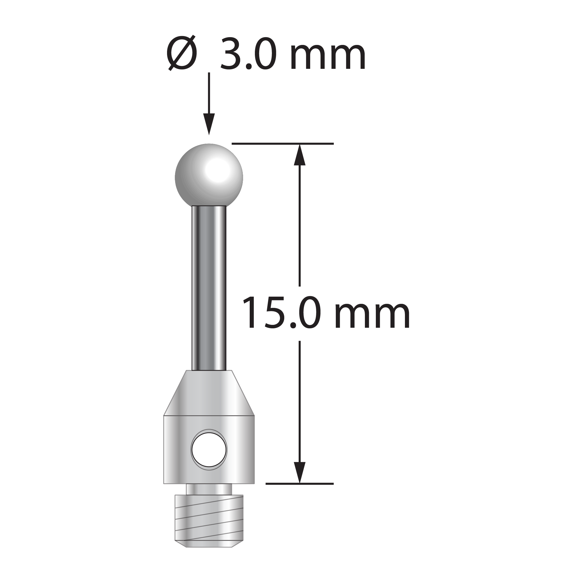 M3 stylus with 3.0 mm diameter zirconia ball, 1.5 mm diameter carbide stem, and 4.0 mm diameter x 5.0 mm long stainless steel base. Overall stylus length is 15.0 mm. Stylus weight is 0.85 gram.