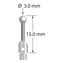 M3 stylus with 3.0 mm diameter zirconia ball, 1.5 mm diameter carbide stem, and 4.0 mm diameter x 5.0 mm long stainless steel base. Overall stylus length is 15.0 mm. Stylus weight is 0.85 gram.