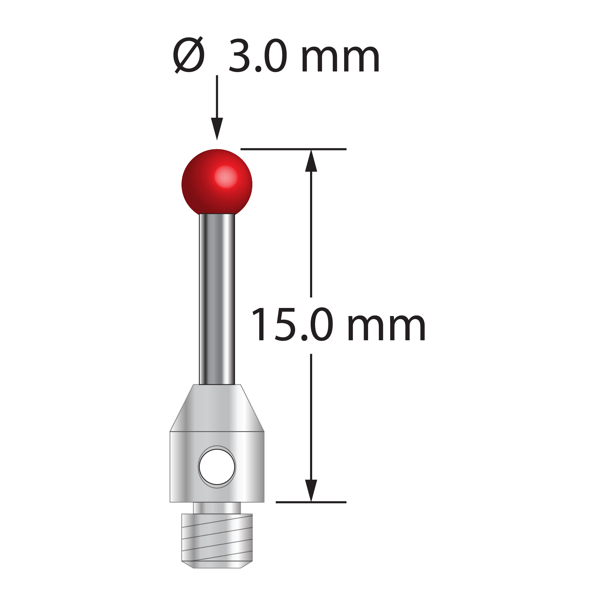 M3 stylus with 3.0 mm diameter ruby ball, 1.5 mm diameter carbide stem, and 4.0 mm diameter x 5.0 mm long stainless steel base. Overall stylus length is 15.0 mm. Stylus weight is 0.85 gram.