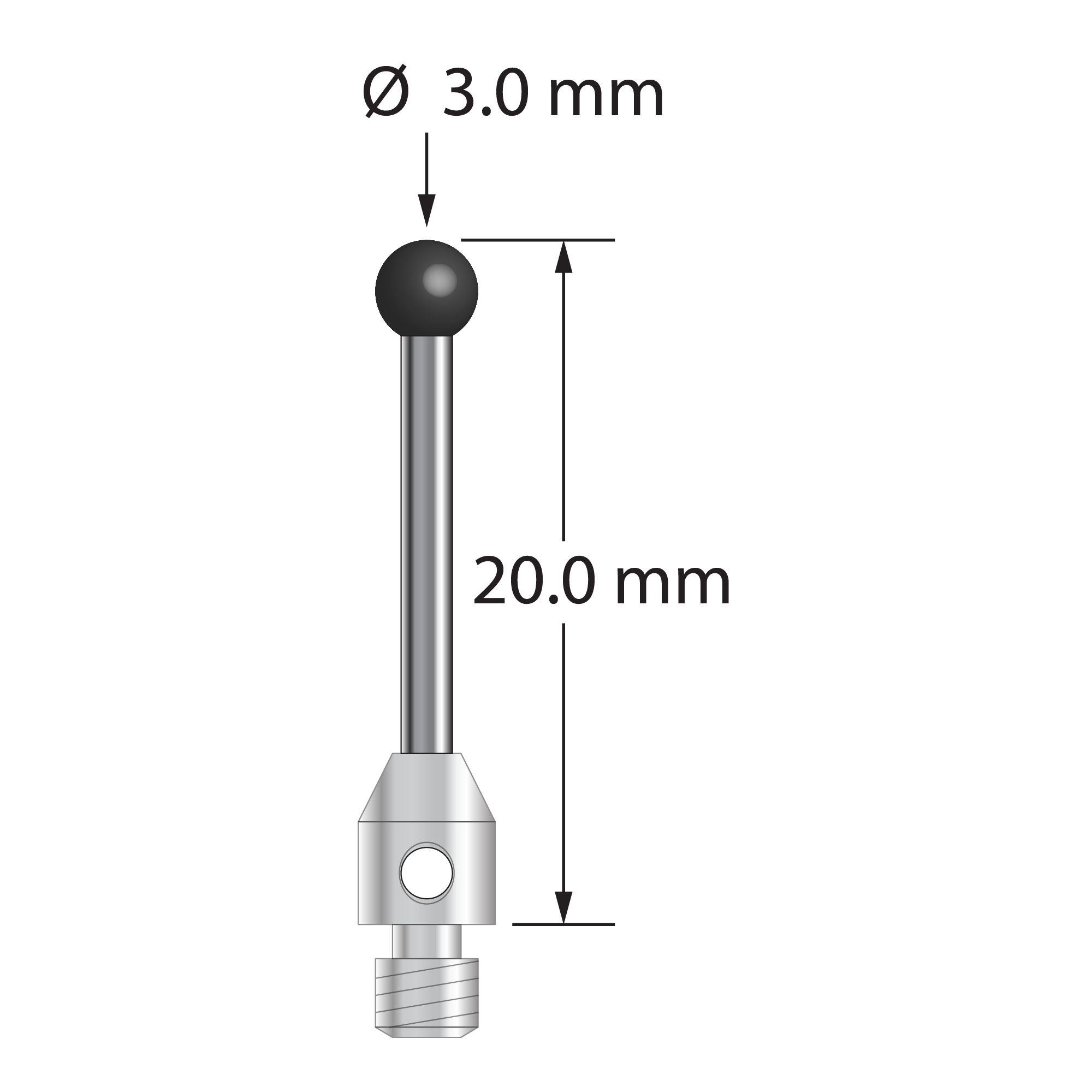 M3 stylus with 3.0 mm diameter silicon nitride ball, 1.5 mm diameter carbide stem, and 4.0 mm diameter x 5.0 mm long stainless steel base. Overall stylus length is 20.0 mm. Stylus weight is 0.99 gram.