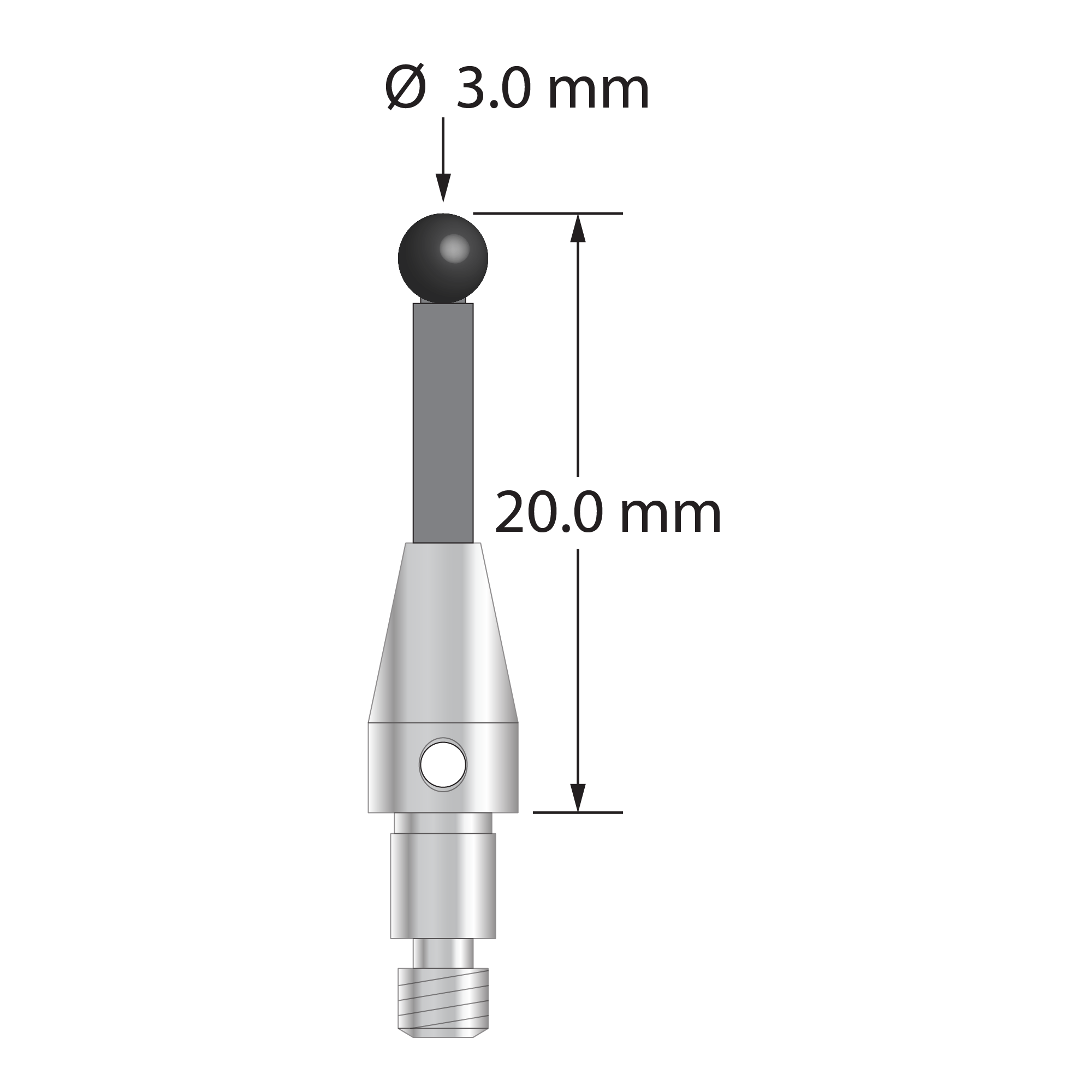 M3 XXT clamping stylus with 3.0 mm diameter silicon nitride ball, 2.0 mm diameter Therm-X carbon fiber stem, and 5.0 mm diameter x 9.0 mm long titanium base. Overall length is 20.0 mm. Stylus weight is 0.72 gram. Compare to Zeiss 626103-0311-020.