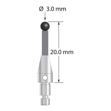 M3 XXT clamping stylus with 3.0 mm diameter silicon nitride ball, 2.0 mm diameter Therm-X carbon fiber stem, and 5.0 mm diameter x 9.0 mm long titanium base. Overall length is 20.0 mm. Stylus weight is 0.72 gram. Compare to Zeiss 626103-0311-020.