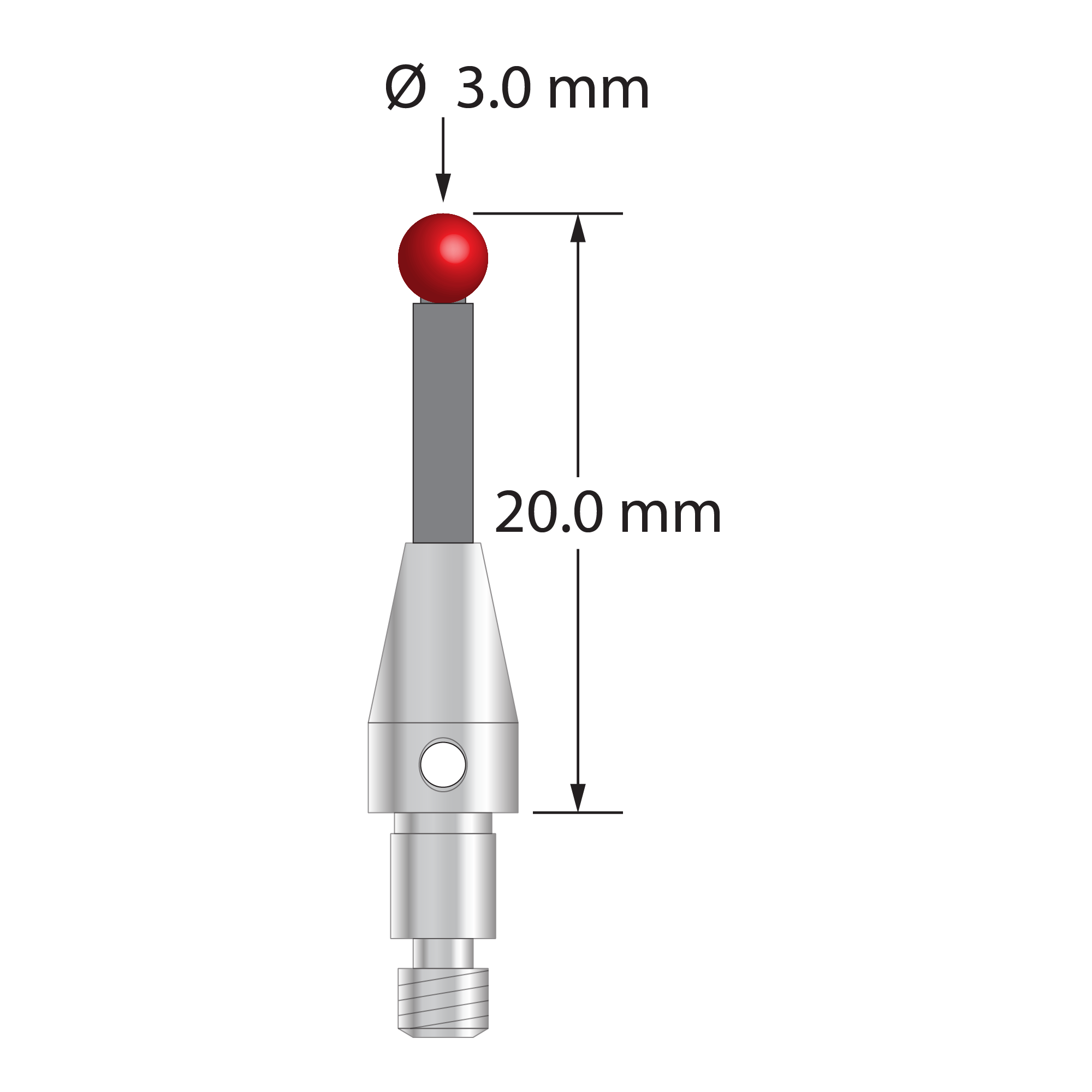 M3 XXT clamping stylus with 3.0 mm diameter ruby ball, 2.0 mm diameter Therm-X carbon fiber stem, and 5.0 mm diameter x 9.0 mm long titanium base. Overall length is 20.0 mm. Stylus weight is 0.72 gram. Compare to Zeiss 626103-0301-020