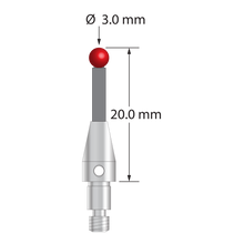 M3 XXT clamping stylus with 3.0 mm diameter ruby ball, 2.0 mm diameter Therm-X carbon fiber stem, and 5.0 mm diameter x 9.0 mm long titanium base. Overall length is 20.0 mm. Stylus weight is 0.72 gram. Compare to Zeiss 626103-0301-020