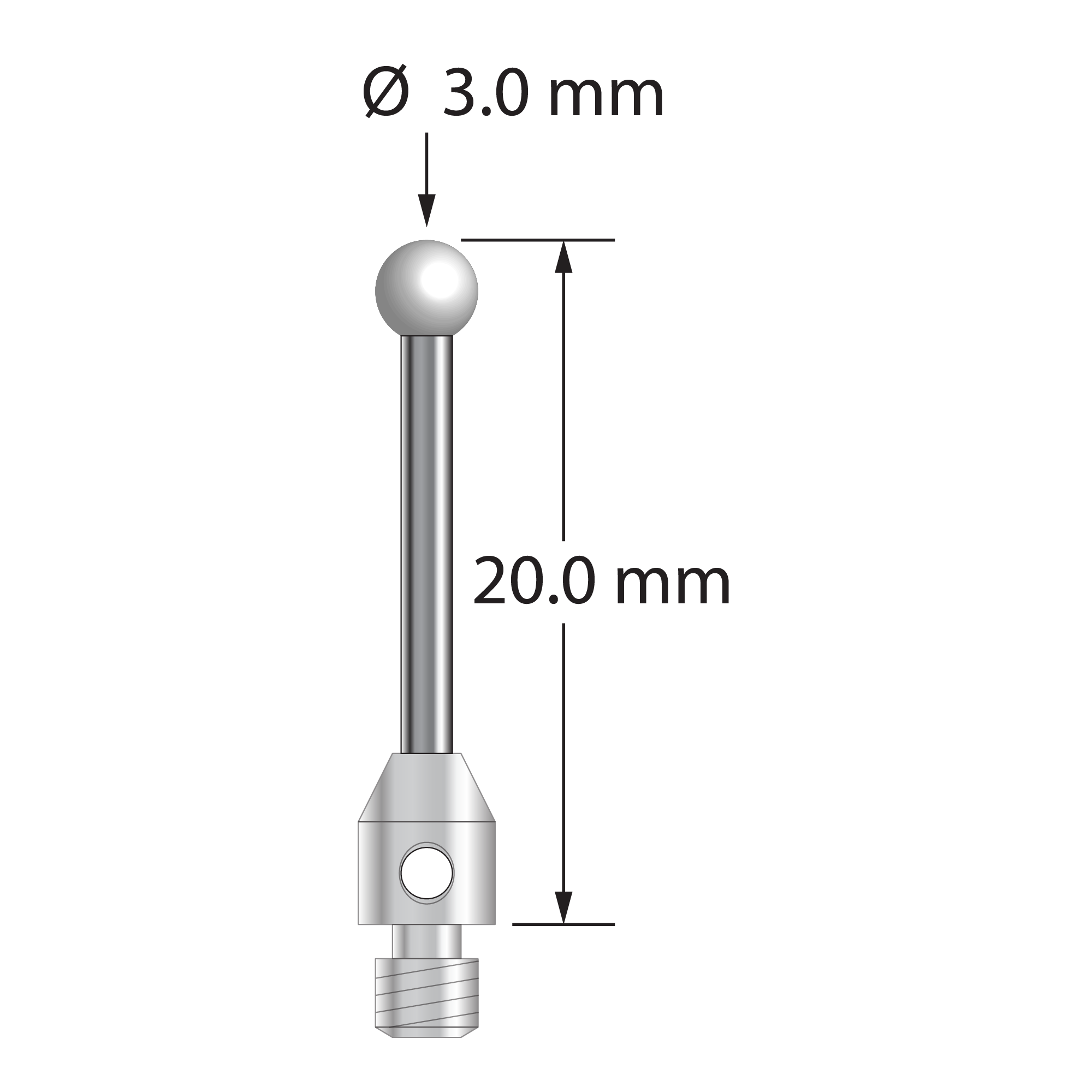 M3 stylus with 3.0 mm diameter zirconia ball, 1.5 mm diameter carbide shaft, and 4.0 mm diameter x 5.0 mm long stainless steel base. Overall stylus length is 20.0 mm. Stylus weight is 0.99 gram.