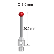 M3 stylus with 3.0 mm diameter ruby ball, 1.5 mm diameter carbide shaft, and 4.0 mm diameter x 5.0 mm long stainless steel base. Overall stylus length is 20.0 mm. Stylus weight is 0.99 gram.