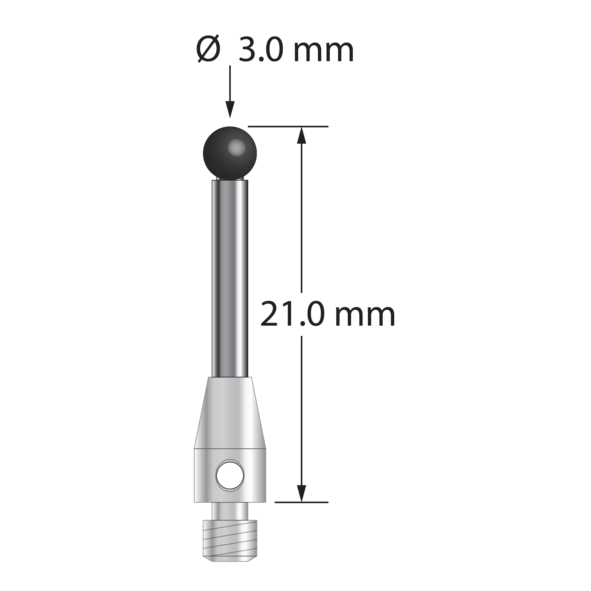 M3 stylus with 3.0 mm diameter silicon nitride ball, 2.0 mm diameter carbide stem, and 4.0 mm diameter x 8.0 mm long stainless steel base. Overall stylus length is 21.0 mm. Stylus weight is 1.16 gram.