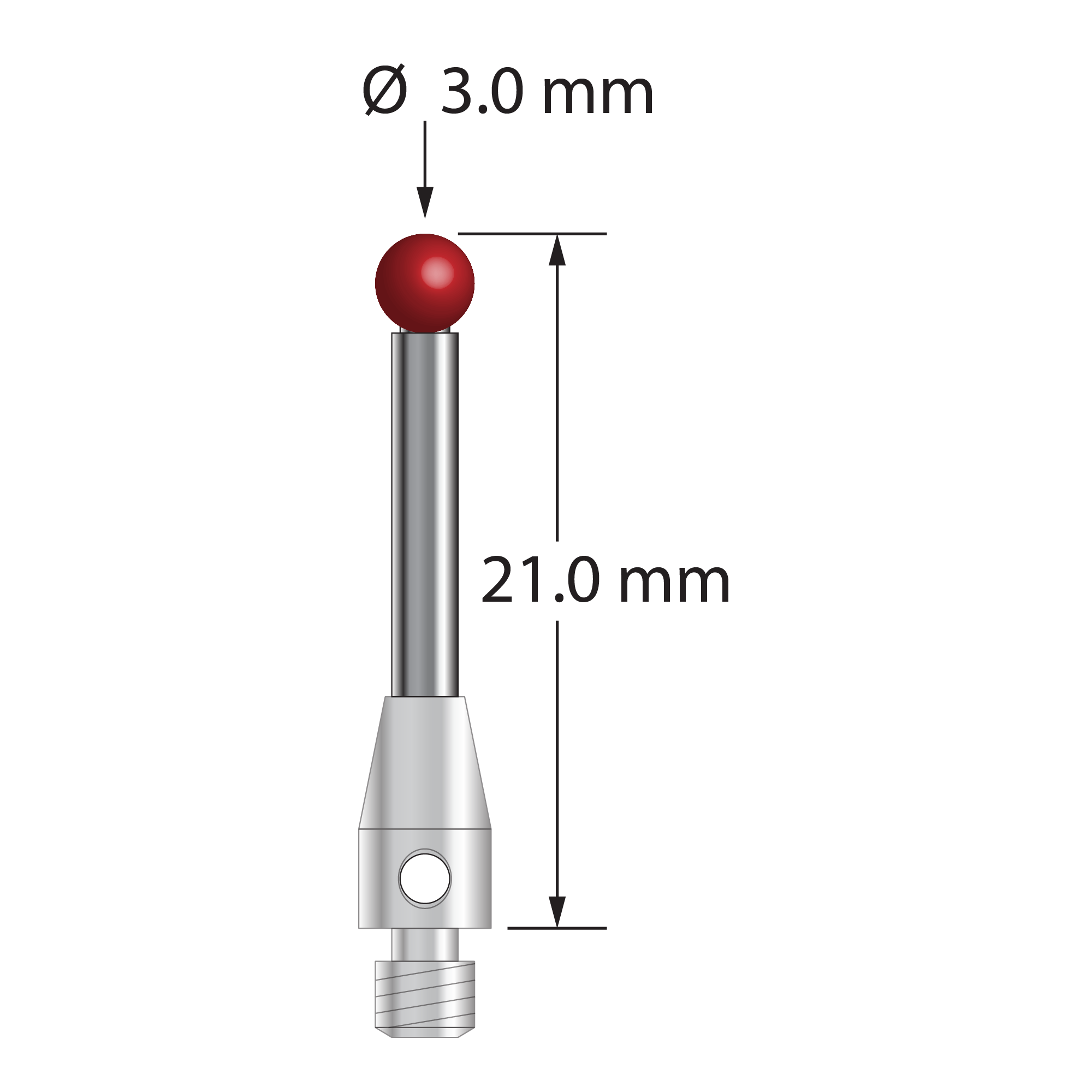 M3 stylus with 3.0 mm diameter ruby ball, 2.0 mm diameter carbide stem, and 4.0 mm diameter x 8.0 mm long stainless steel base. Overall stylus length is 21.0 mm. Stylus weight is 1.16 gram. Compare to Zeiss 602030-8106-000.