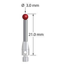 M3 stylus with 3.0 mm diameter ruby ball, 2.0 mm diameter carbide stem, and 4.0 mm diameter x 8.0 mm long stainless steel base. Overall stylus length is 21.0 mm. Stylus weight is 1.16 gram. Compare to Zeiss 602030-8106-000.