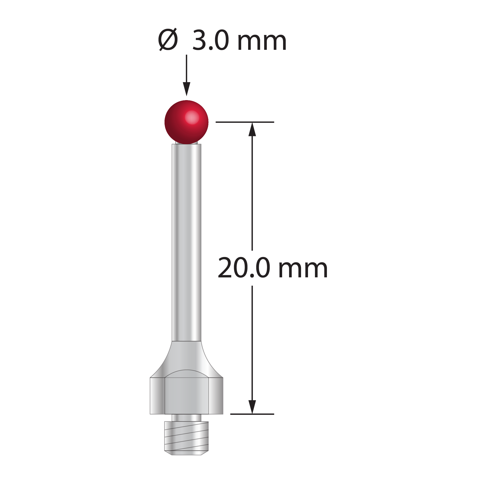 M3 Hexagon compatible stylus with 3.0 mm diameter ruby ball, 2.0 mm diameter stainless steel stem, and 5.0 mm diameter stainless steel base with 4.0 mm wrench flats for tightening. Stylus length to ball center is 20.0 mm. Compare to Hexagon M00-694-211-000.