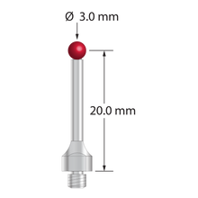 M3 Hexagon compatible stylus with 3.0 mm diameter ruby ball, 2.0 mm diameter stainless steel stem, and 5.0 mm diameter stainless steel base with 4.0 mm wrench flats for tightening. Stylus length to ball center is 20.0 mm. Compare to Hexagon M00-694-211-000.
