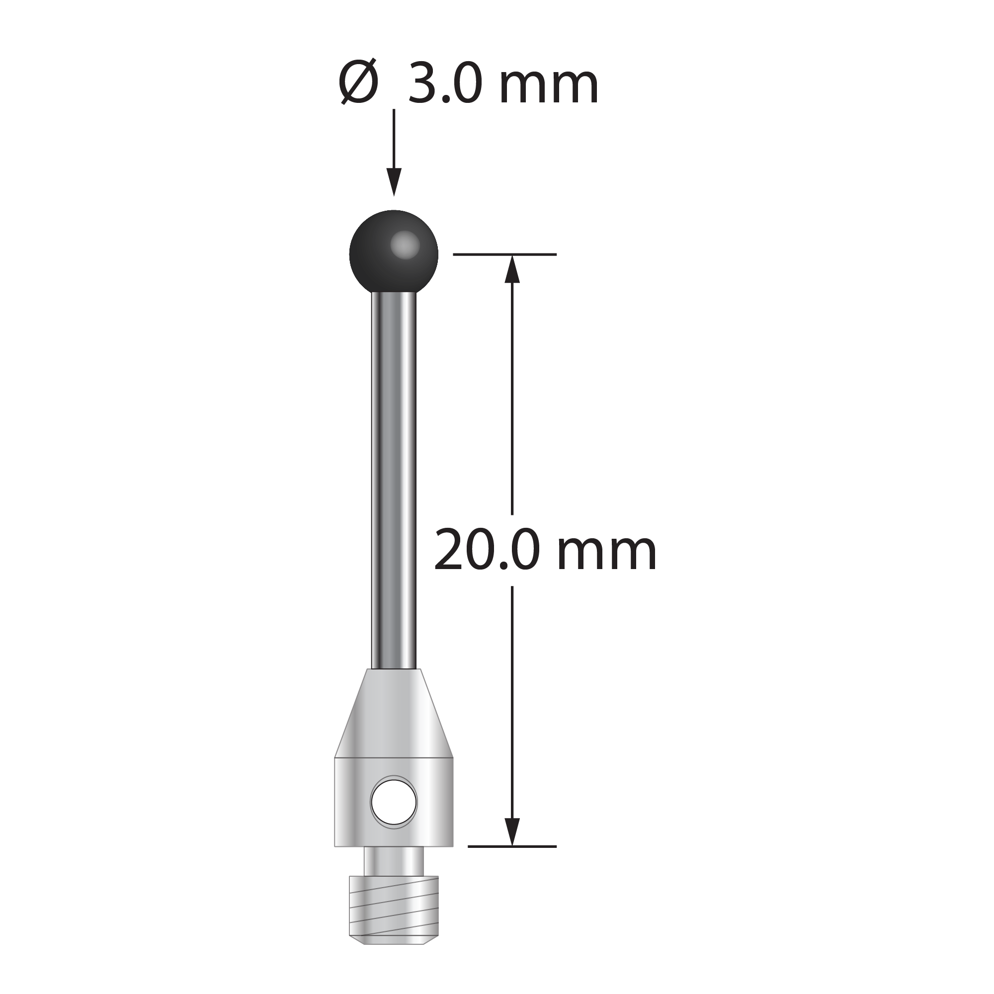 M3 stylus with 3.0 mm diameter silicon nitride ball, 1.5 mm diameter carbide stem, and 4.0 mm diameter x 6.0 mm long stainless steel base. Stylus length to ball center is 20.0 mm. Stylus weight is 0.80 gram.