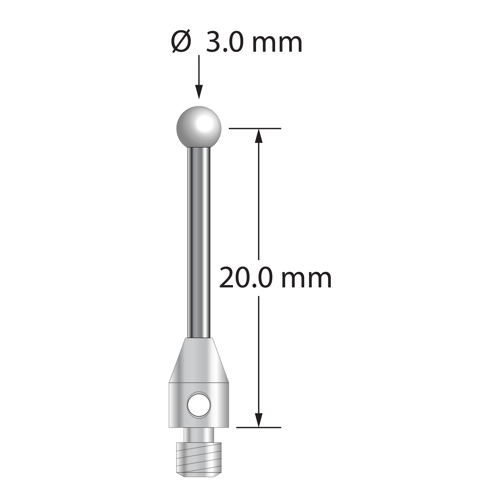 M3 stylus with 3.0 mm diameter zirconia ball, 1.5 mm diameter carbide stem, and 4.0 mm diameter x 6.0 mm long stainless steel base. Stylus length to ball center is 20.0 mm. Stylus weight is 0.80 gram.