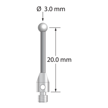 M3 stylus with 3.0 mm diameter zirconia ball, 1.5 mm diameter carbide stem, and 4.0 mm diameter x 6.0 mm long stainless steel base. Stylus length to ball center is 20.0 mm. Stylus weight is 0.80 gram.