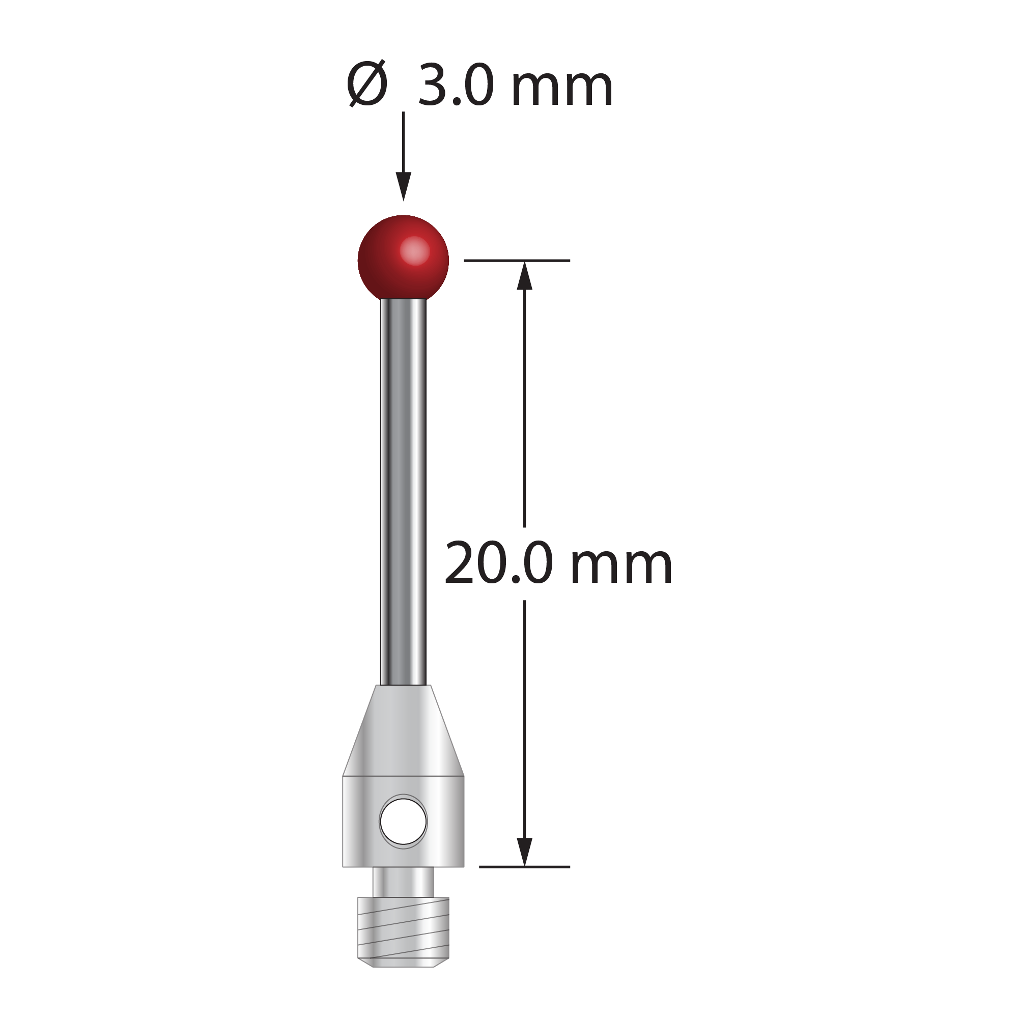 M3 stylus with 3.0 mm diameter ruby ball, 1.5 mm diameter carbide stem, and 4.0 mm diameter x 6.0 mm long stainless steel base. Stylus length to ball center is 20.0 mm. Stylus weight is 0.80 gram. Compare to Zeiss 602030-8021-000 and Mitutoyo K651110.