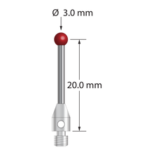 M3 stylus with 3.0 mm diameter ruby ball, 1.5 mm diameter carbide stem, and 4.0 mm diameter x 6.0 mm long stainless steel base. Stylus length to ball center is 20.0 mm. Stylus weight is 0.80 gram. Compare to Zeiss 602030-8021-000 and Mitutoyo K651110.