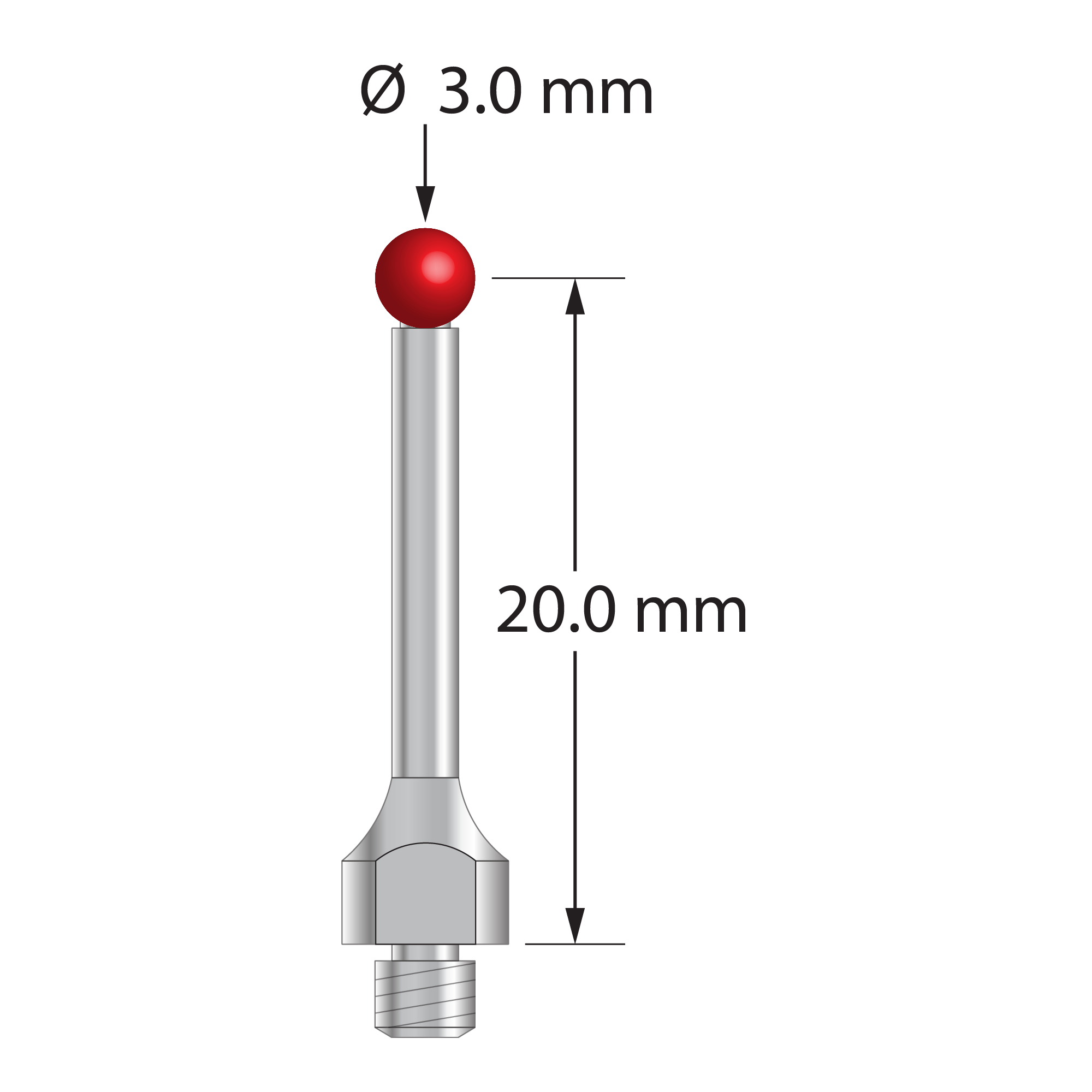 TM3-3021.5-H-S M3 stylus with 3.0mm ruby ball, stainless steel stem & base, 20mm length.