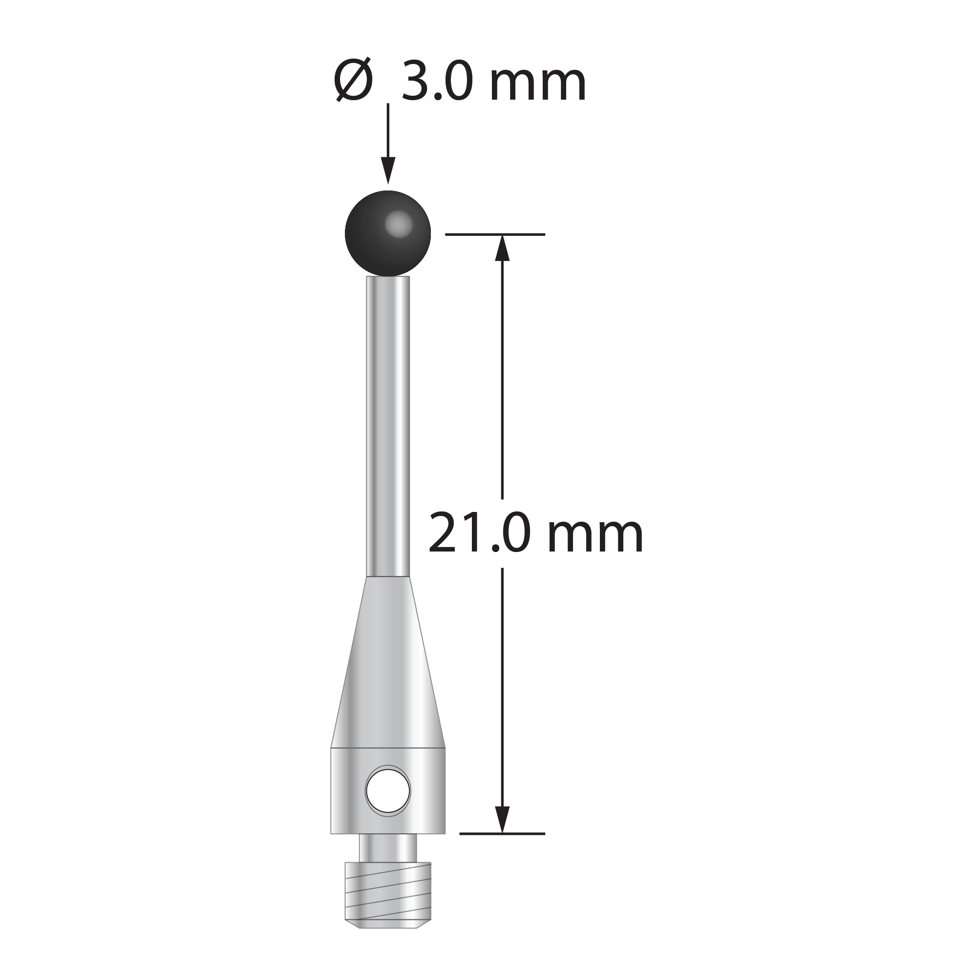 M3 stylus with 3.0 mm diameter silicon nitride ball, 1.5 mm diameter stainless steel stem, and 4.0 mm diameter x 9.0 mm long stainless steel base. Stylus length to ball center is 21.0 mm. Weight is 0.82 gram.