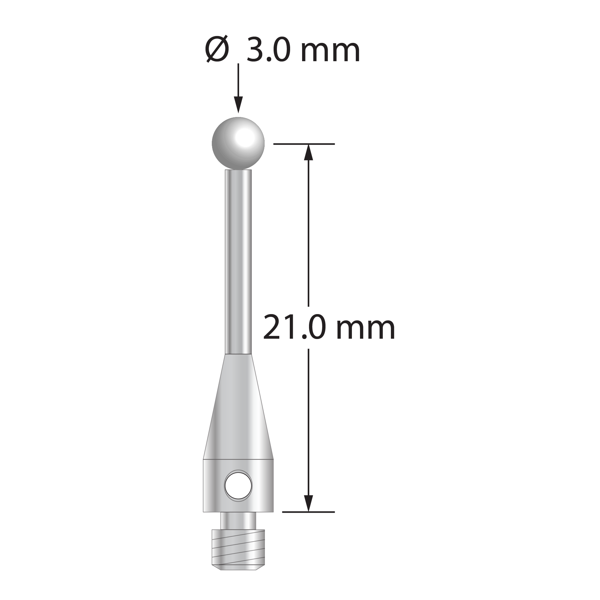 M3 stylus with 3.0 mm diameter zirconia ball, 1.5 mm diameter stainless steel stem, and 4.0 mm diameter x 9.0 mm long stainless steel base. Stylus length to ball center is 21.0 mm. Weight is 0.82 gram.